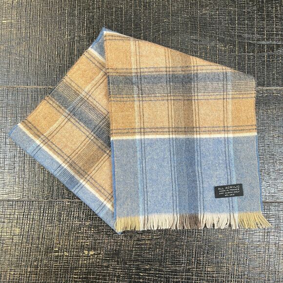 All Acrylic Blue Orange Plaid Scarf WPL 2831 - Picture 2 of 4